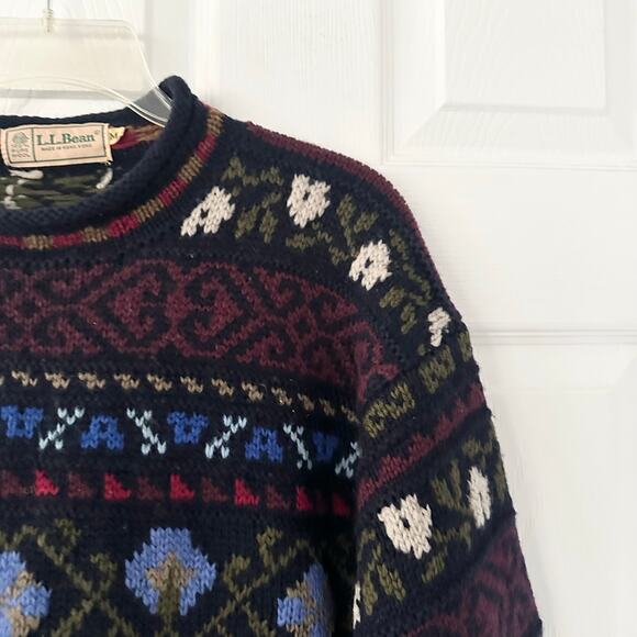 LL Bean Vintage Hong Kong Black Multi Fair Isle Hand Knit Mock Neck Sweater M - Picture 4 of 8